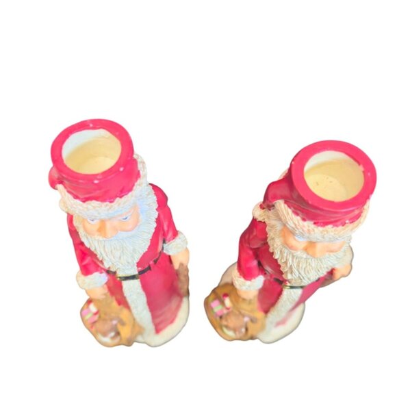 Vintage Santa candle stick holders carved Wood look Christmas candlestick set - Picture 3 of 10